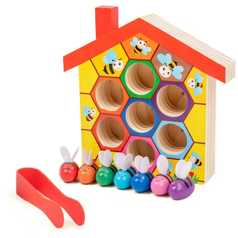 Montessori Wooden Toys Color Cognition Clip Beads Matching Clamp Bee House Trap Game Early Educational Toys Gift for Children
