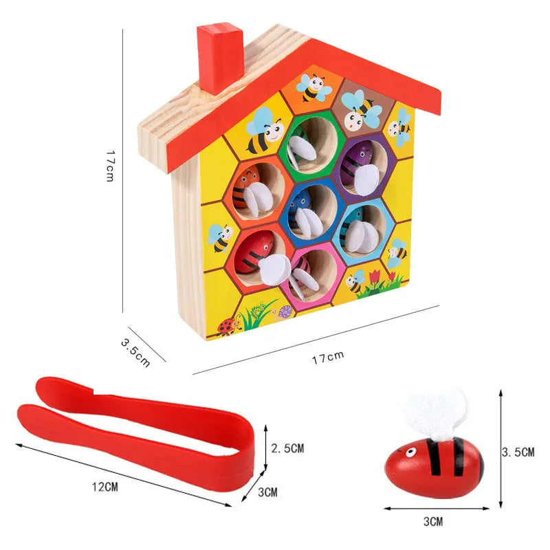 Montessori Wooden Toys Color Cognition Clip Beads Matching Clamp Bee House Trap Game Early Educational Toys Gift for Children