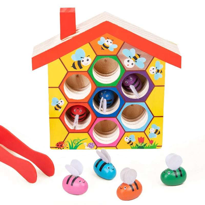 Montessori Wooden Toys Color Cognition Clip Beads Matching Clamp Bee House Trap Game Early Educational Toys Gift for Children