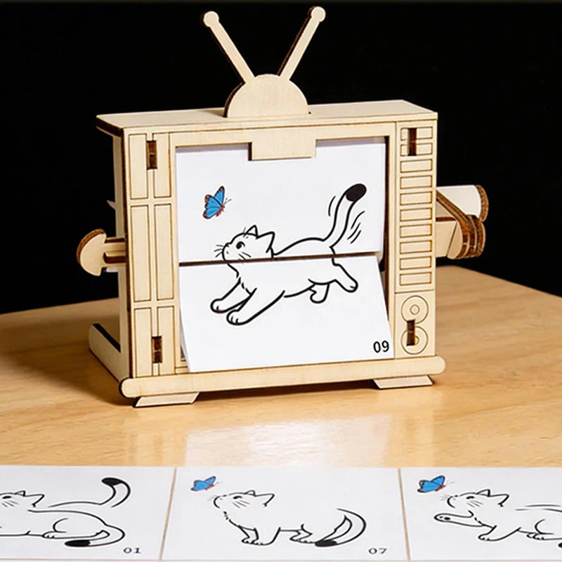 Kid Wooden TV-Shaped STEM Science Experiment Toy Building Kits Hand Cranked Animation Machine Building Set for Boys Children