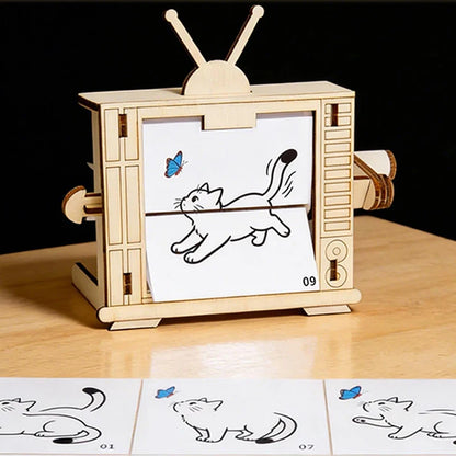 Kid Wooden TV-Shaped STEM Science Experiment Toy Building Kits Hand Cranked Animation Machine Building Set for Boys Children