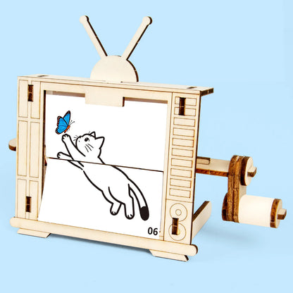 Kid Wooden TV-Shaped STEM Science Experiment Toy Building Kits Hand Cranked Animation Machine Building Set for Boys Children