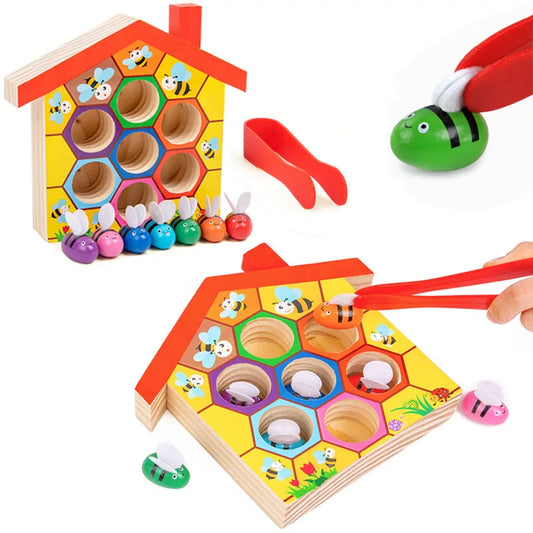 Montessori Wooden Toys Color Cognition Clip Beads Matching Clamp Bee House Trap Game Early Educational Toys Gift for Children