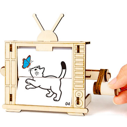 Kid Wooden TV-Shaped STEM Science Experiment Toy Building Kits Hand Cranked Animation Machine Building Set for Boys Children