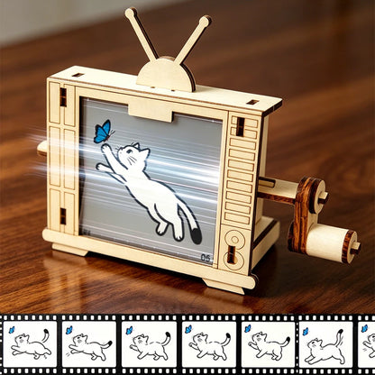 Kid Wooden TV-Shaped STEM Science Experiment Toy Building Kits Hand Cranked Animation Machine Building Set for Boys Children